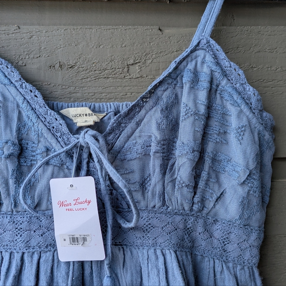 NWT Lucky Brand Embroidered Tiered Cotton Sundress Vintage Indigo Blue Medium - Picture 4 of 10